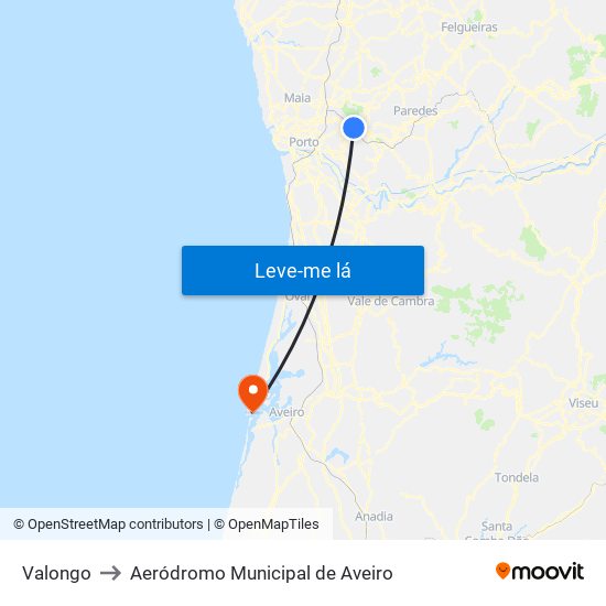 Valongo to Aeródromo Municipal de Aveiro map