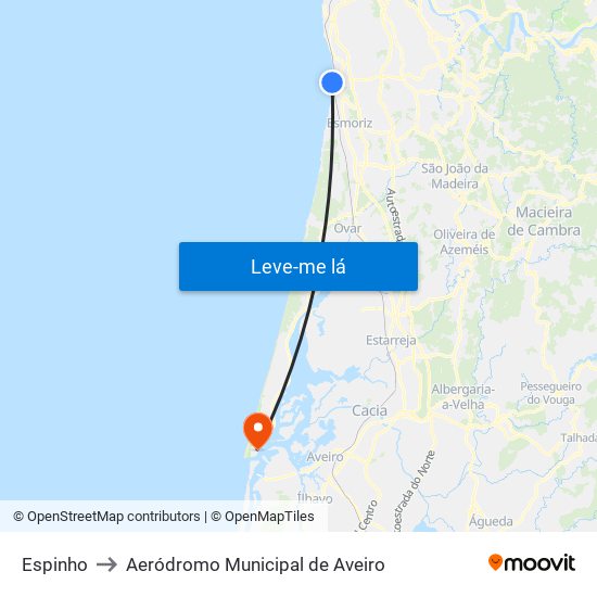 Espinho to Aeródromo Municipal de Aveiro map