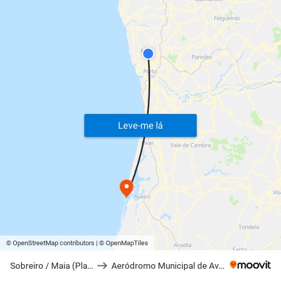 Sobreiro / Maia (Plaza) to Aeródromo Municipal de Aveiro map