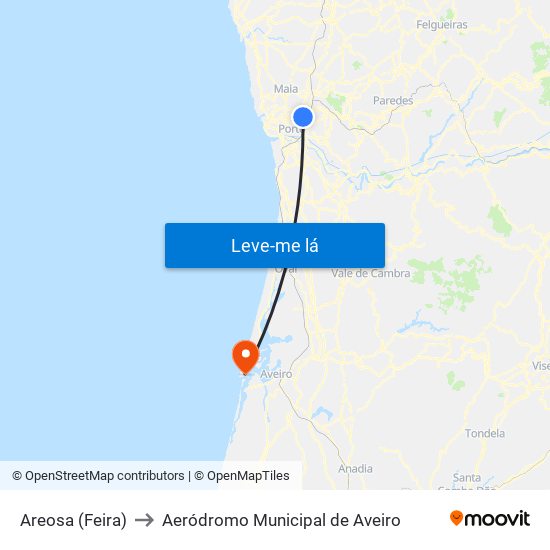 Areosa (Feira) to Aeródromo Municipal de Aveiro map