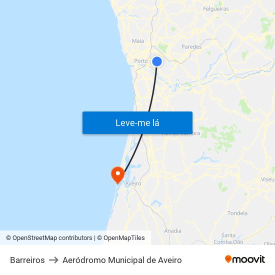 Barreiros to Aeródromo Municipal de Aveiro map