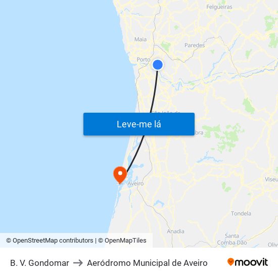 B. V. Gondomar to Aeródromo Municipal de Aveiro map