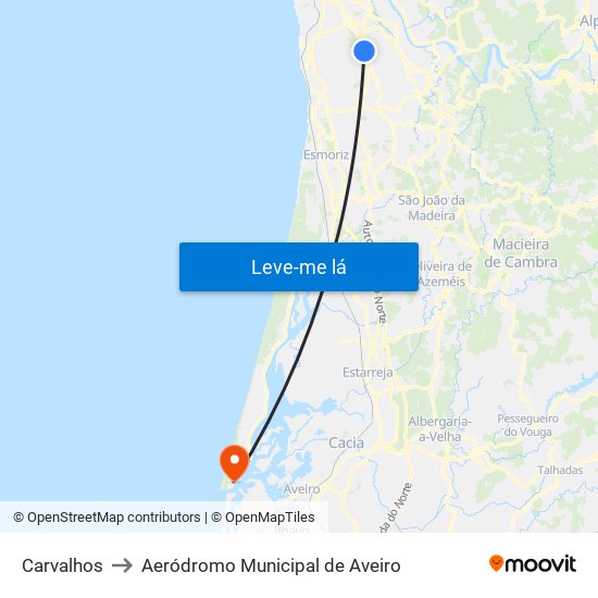 Carvalhos to Aeródromo Municipal de Aveiro map