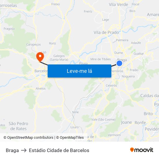 Braga to Estádio Cidade de Barcelos map