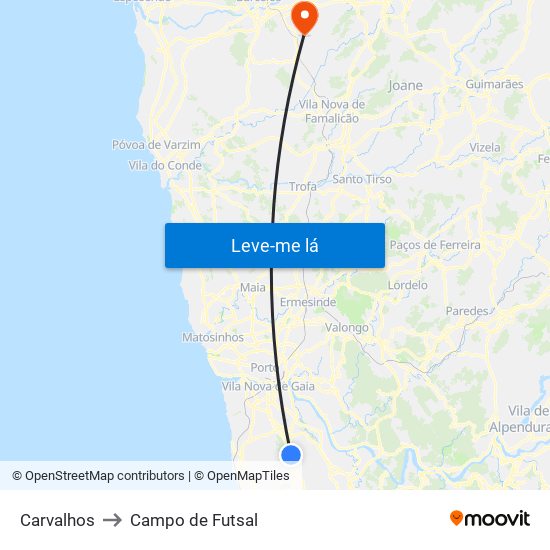 Carvalhos to Campo de Futsal map