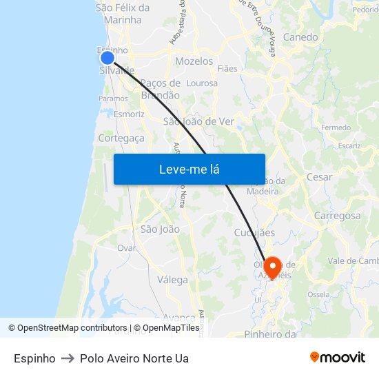 Espinho to Polo Aveiro Norte Ua map