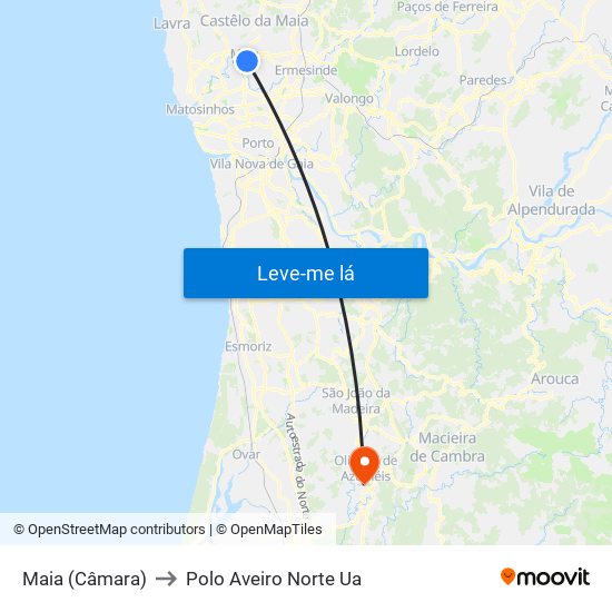 Maia (Câmara) to Polo Aveiro Norte Ua map