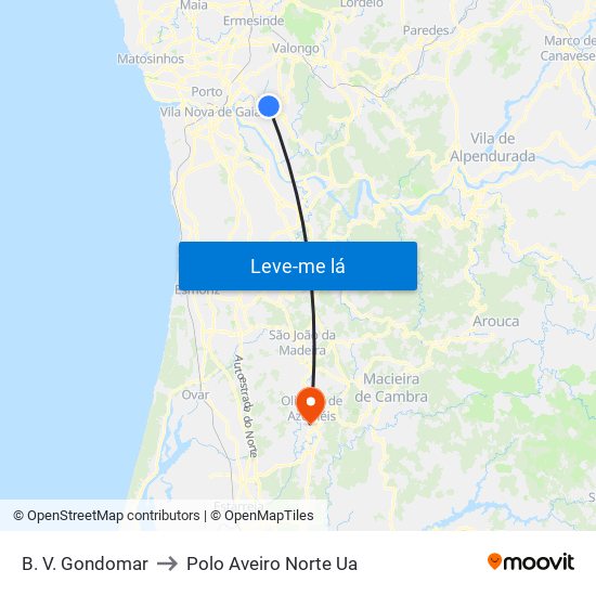 B. V. Gondomar to Polo Aveiro Norte Ua map
