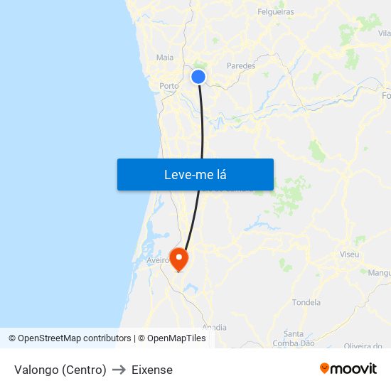 Valongo (Centro) to Eixense map