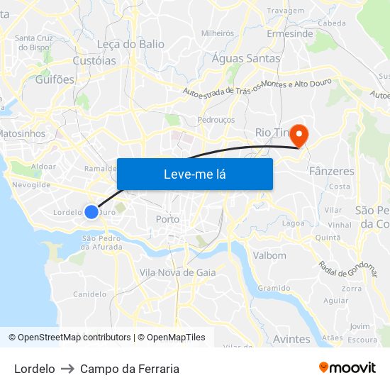 Lordelo to Campo da Ferraria map