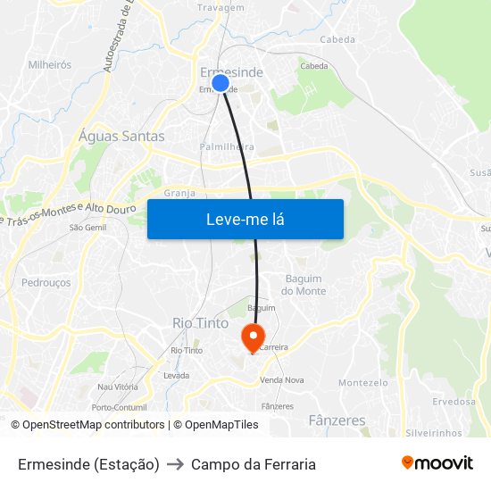 Ermesinde (Estação) to Campo da Ferraria map