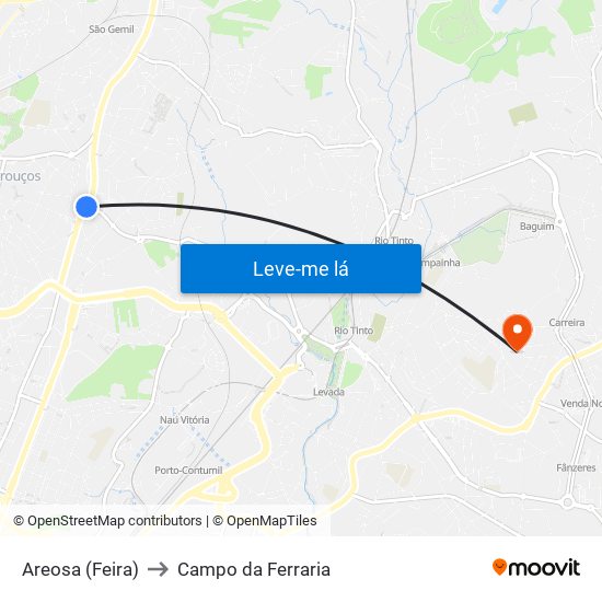 Areosa (Feira) to Campo da Ferraria map
