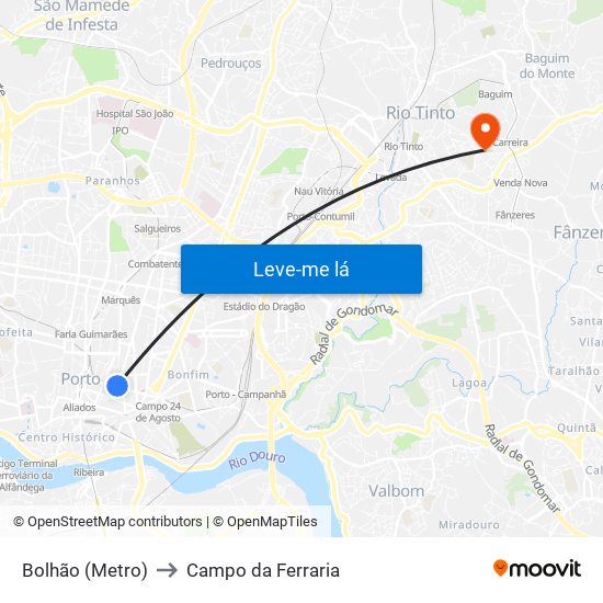 Bolhão (Metro) to Campo da Ferraria map