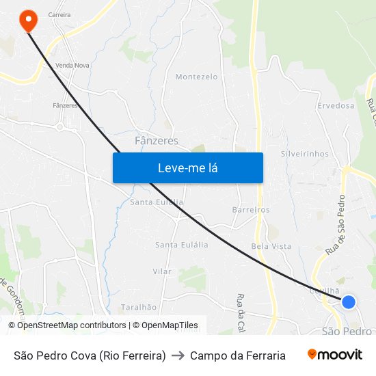 São Pedro Cova (Rio Ferreira) to Campo da Ferraria map