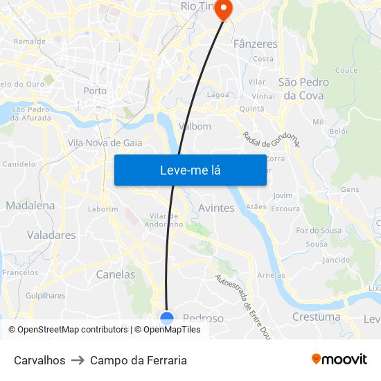 Carvalhos to Campo da Ferraria map