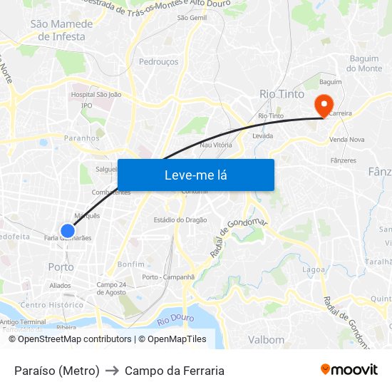 Paraíso (Metro) to Campo da Ferraria map