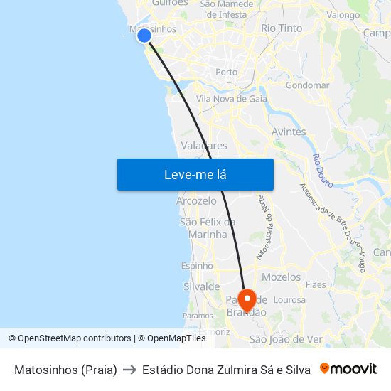 Matosinhos (Praia) to Estádio Dona Zulmira Sá e Silva map