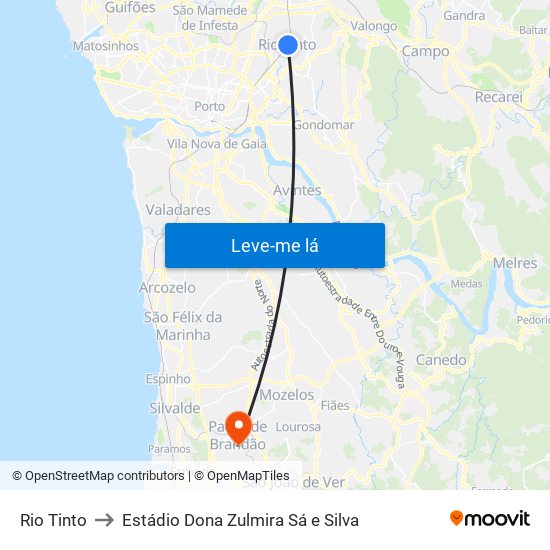 Rio Tinto to Estádio Dona Zulmira Sá e Silva map