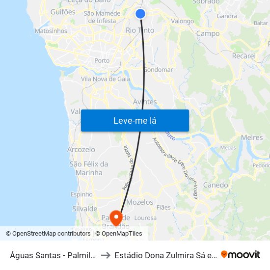 Águas Santas - Palmilheira to Estádio Dona Zulmira Sá e Silva map