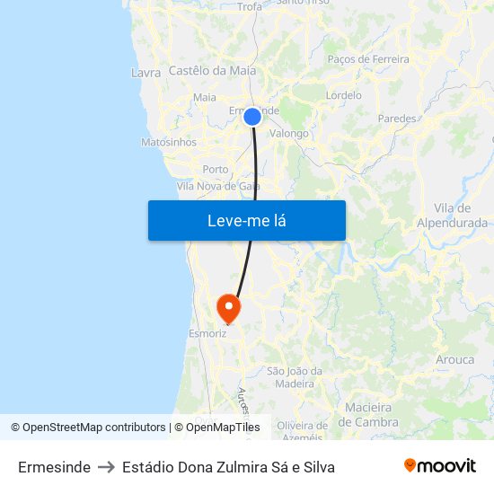 Ermesinde to Estádio Dona Zulmira Sá e Silva map