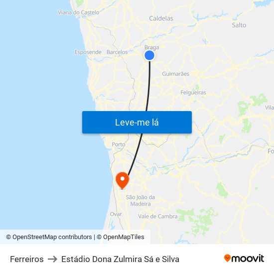 Ferreiros to Estádio Dona Zulmira Sá e Silva map