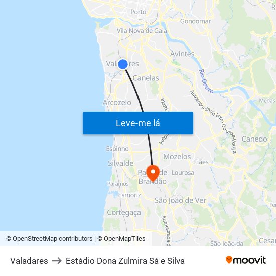 Valadares to Estádio Dona Zulmira Sá e Silva map
