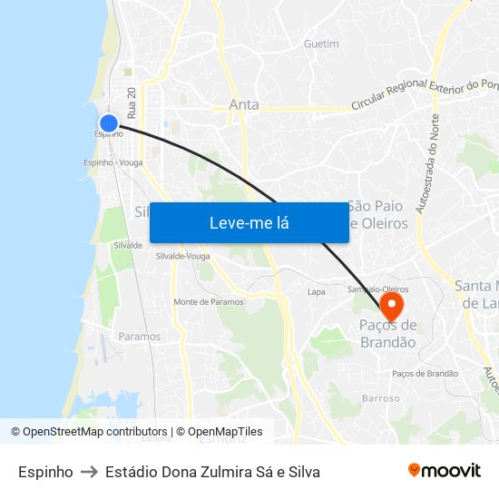 Espinho to Estádio Dona Zulmira Sá e Silva map