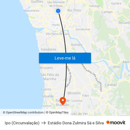 Ipo (Circunvalação) to Estádio Dona Zulmira Sá e Silva map