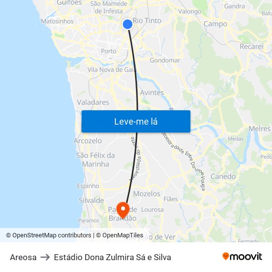 Areosa to Estádio Dona Zulmira Sá e Silva map