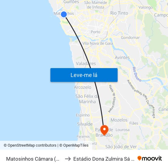 Matosinhos Câmara (Matc1) to Estádio Dona Zulmira Sá e Silva map