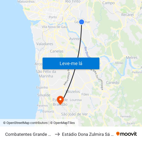 Combatentes Grande Guerra to Estádio Dona Zulmira Sá e Silva map