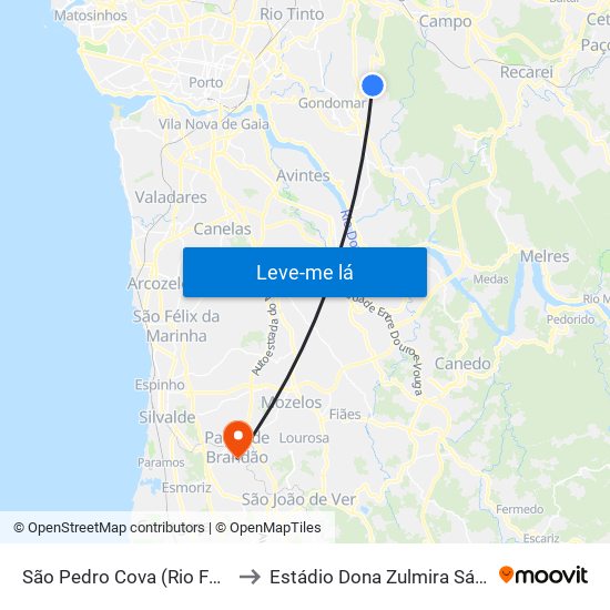 São Pedro Cova (Rio Ferreira) to Estádio Dona Zulmira Sá e Silva map
