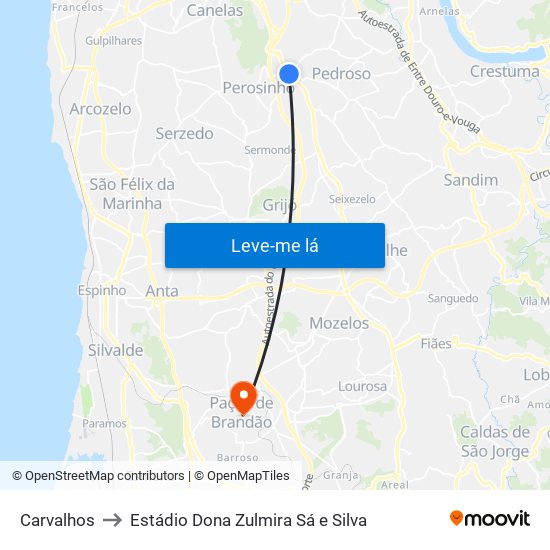 Carvalhos to Estádio Dona Zulmira Sá e Silva map