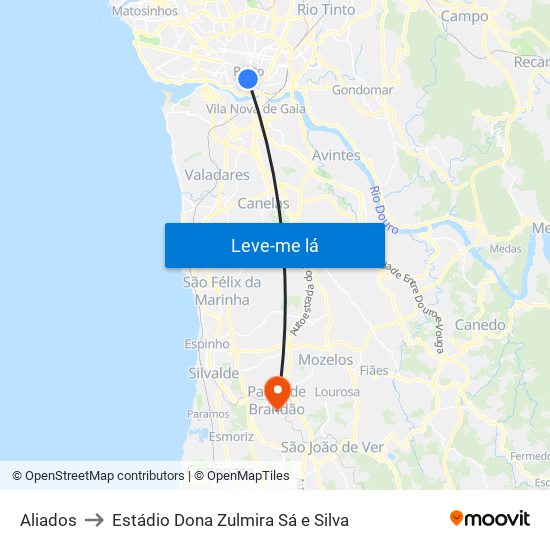 Aliados to Estádio Dona Zulmira Sá e Silva map