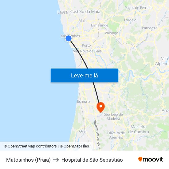 Matosinhos (Praia) to Hospital de São Sebastião map