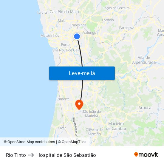 Rio Tinto to Hospital de São Sebastião map