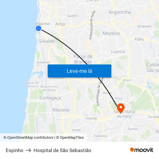 Espinho to Hospital de São Sebastião map