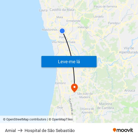 Amial to Hospital de São Sebastião map