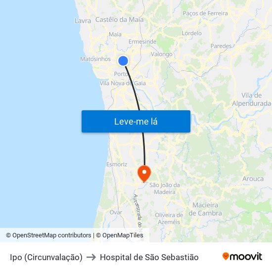 Ipo (Circunvalação) to Hospital de São Sebastião map