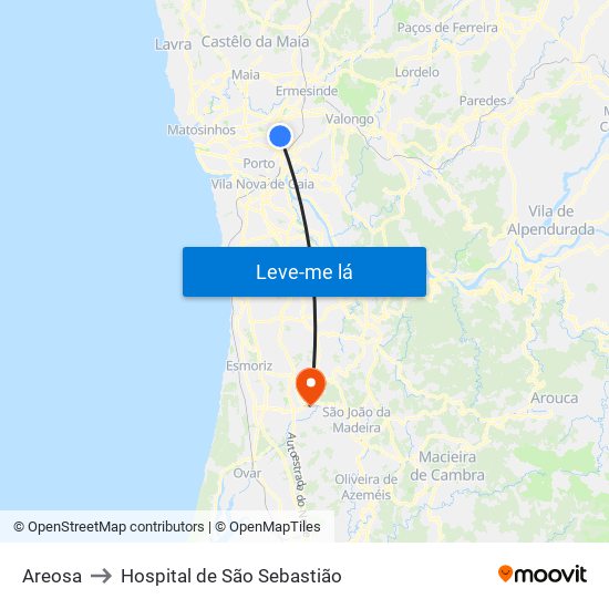 Areosa to Hospital de São Sebastião map