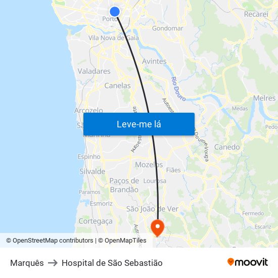 Marquês to Hospital de São Sebastião map
