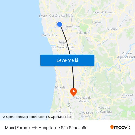 Maia (Fórum) to Hospital de São Sebastião map