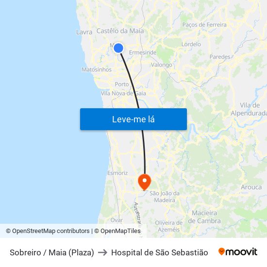 Sobreiro / Maia (Plaza) to Hospital de São Sebastião map