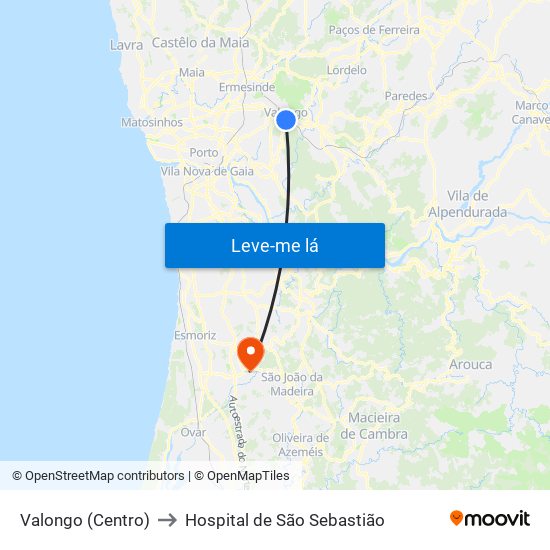 Valongo (Centro) to Hospital de São Sebastião map