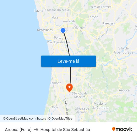 Areosa (Feira) to Hospital de São Sebastião map