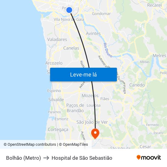 Bolhão (Metro) to Hospital de São Sebastião map