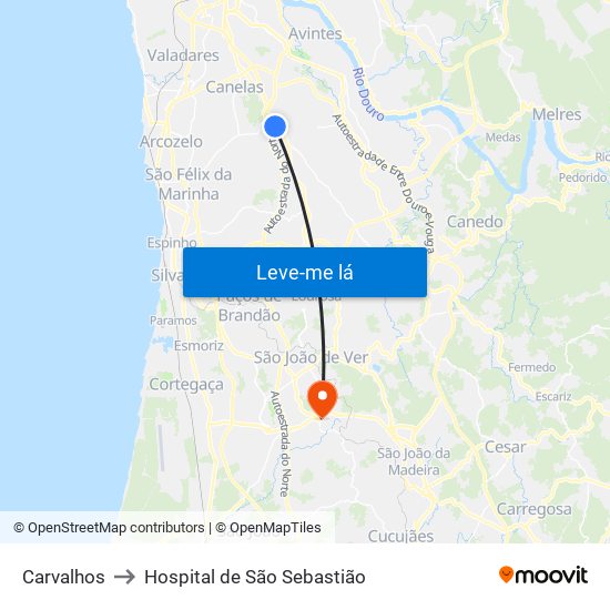 Carvalhos to Hospital de São Sebastião map