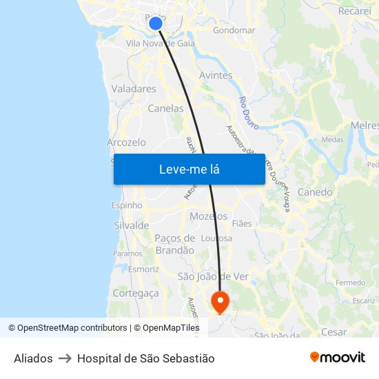 Aliados to Hospital de São Sebastião map