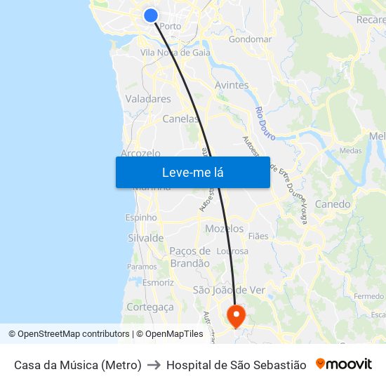 Casa da Música (Metro) to Hospital de São Sebastião map