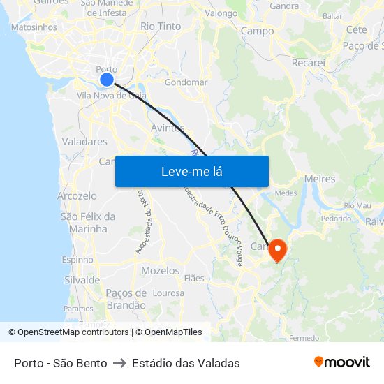 Porto - São Bento to Estádio das Valadas map